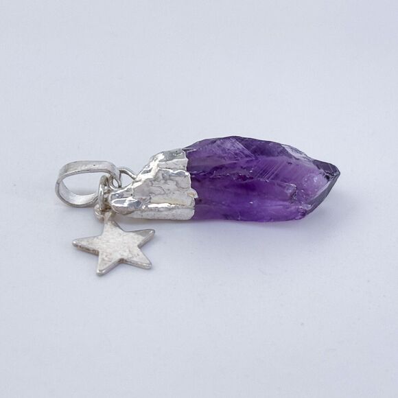 Vintage Silver-Tone Star Charm Amethyst Raw Crystal Pendant - Picture 3 of 6